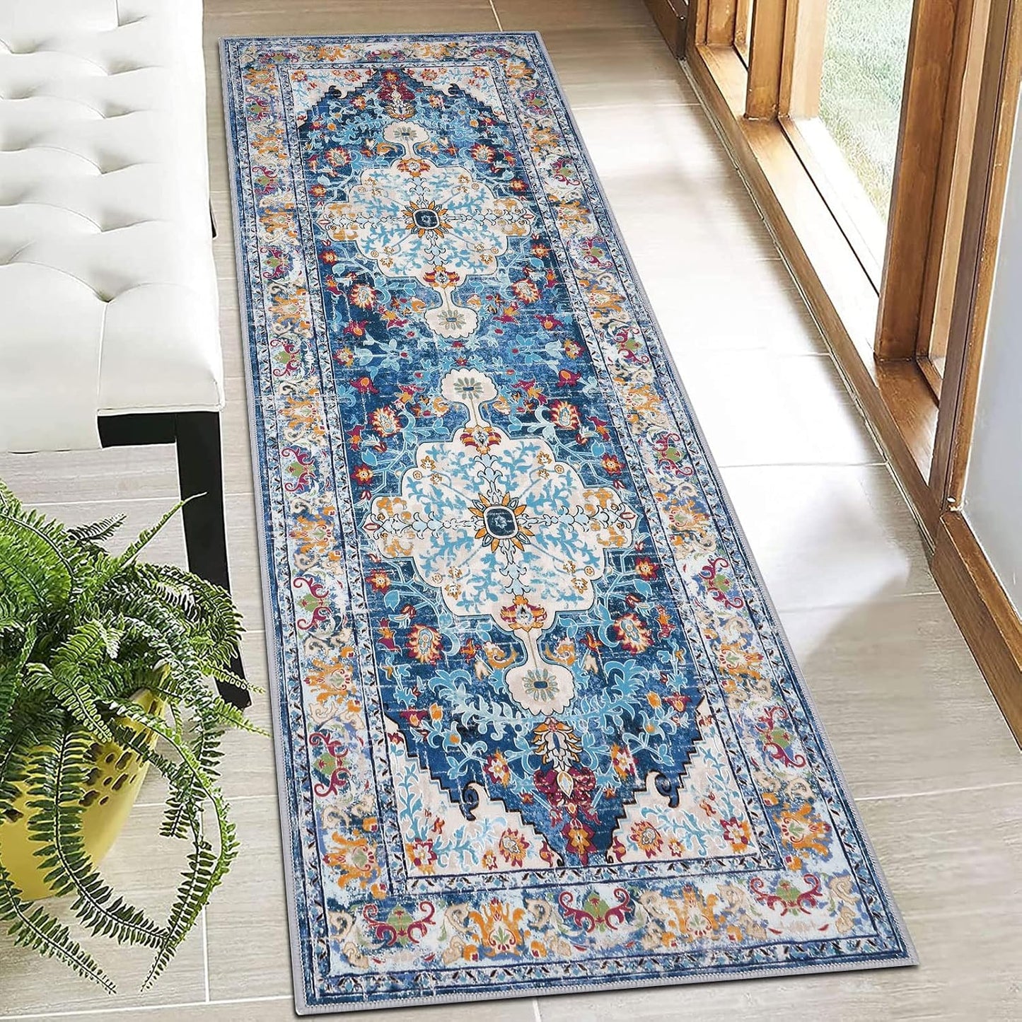 Alfombra bohemia pasillo 2x6ft antiderrap lavable azul
