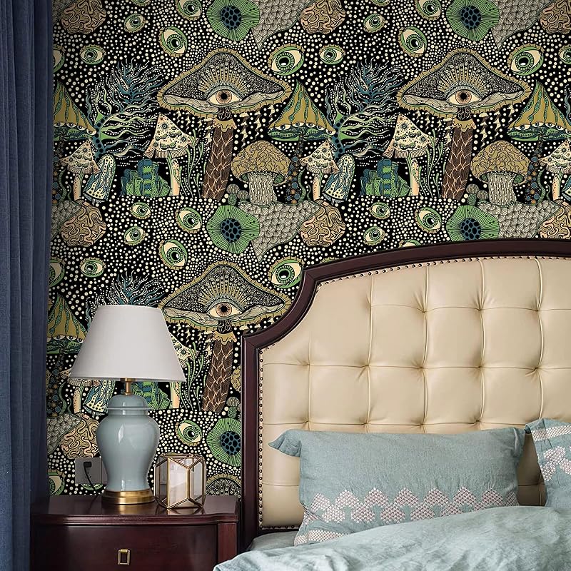 Papel pintado floral adhesivo estilo bohemio hongos