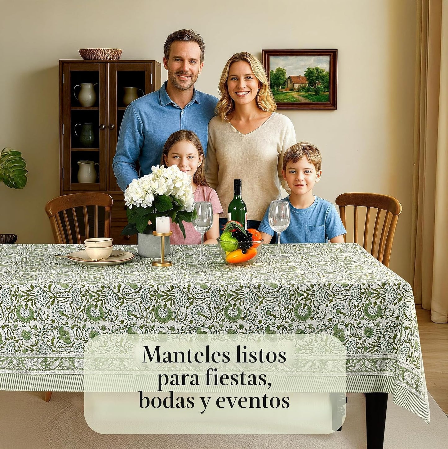 Mantel cuadrado algodón 60x60pulg estampado bloques verde