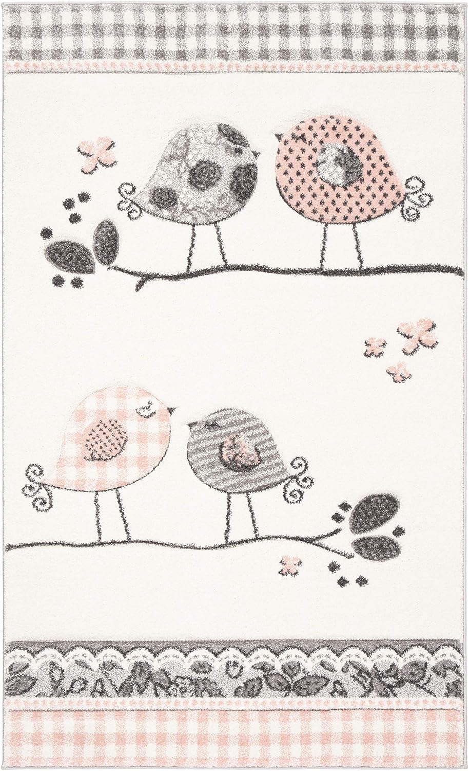 Alfombra niños 4x6ft diseño pájaros rosa y marfil