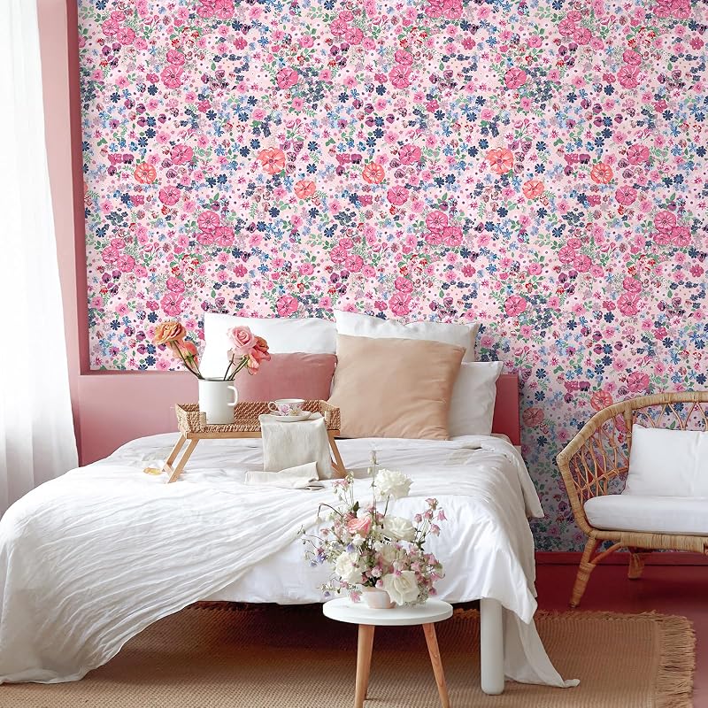 Papel tapiz floral bohemio rosa 17.7x354" dormitorio