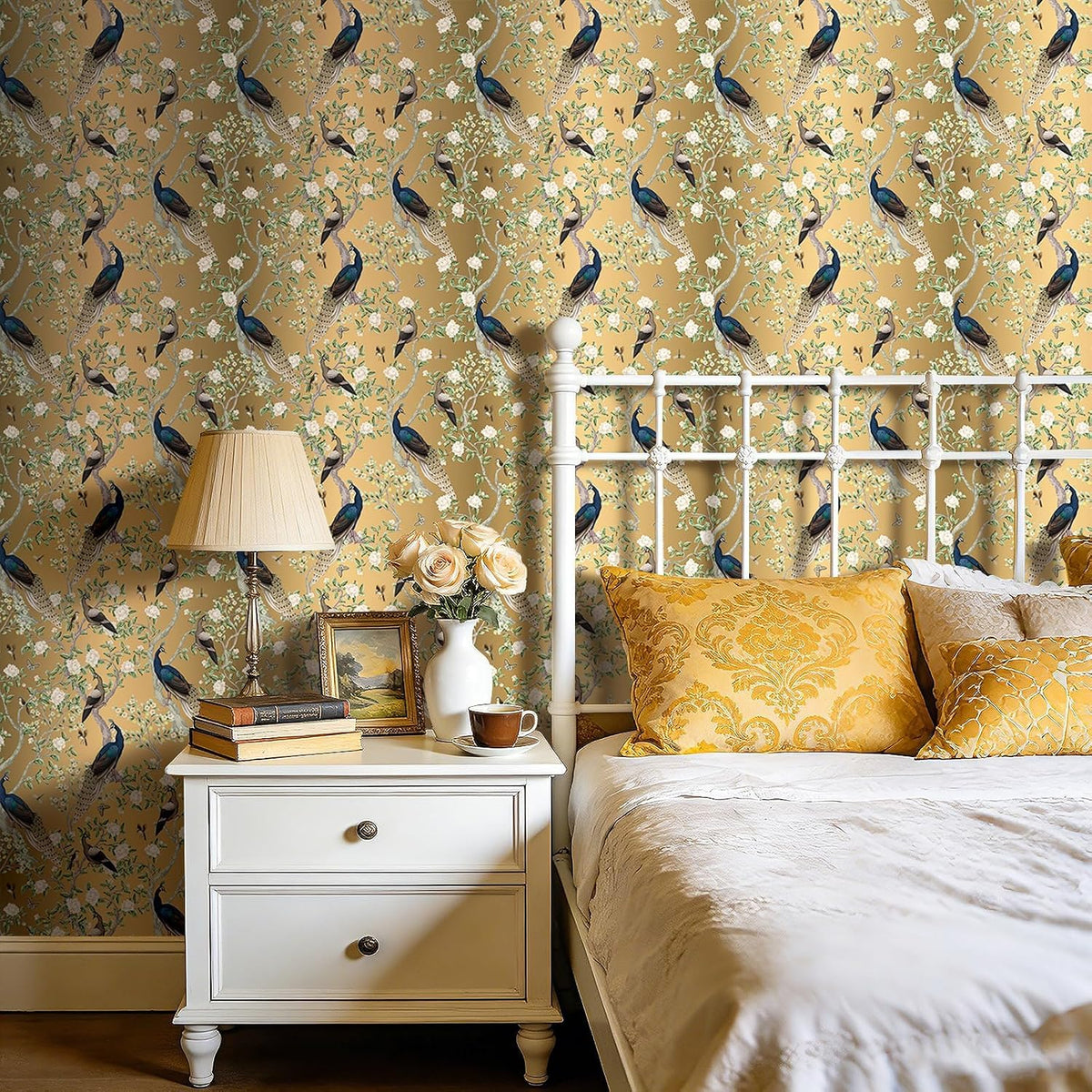 Papel tapiz chinoiserie vintage pájaros flores dorado 17.5x23ft