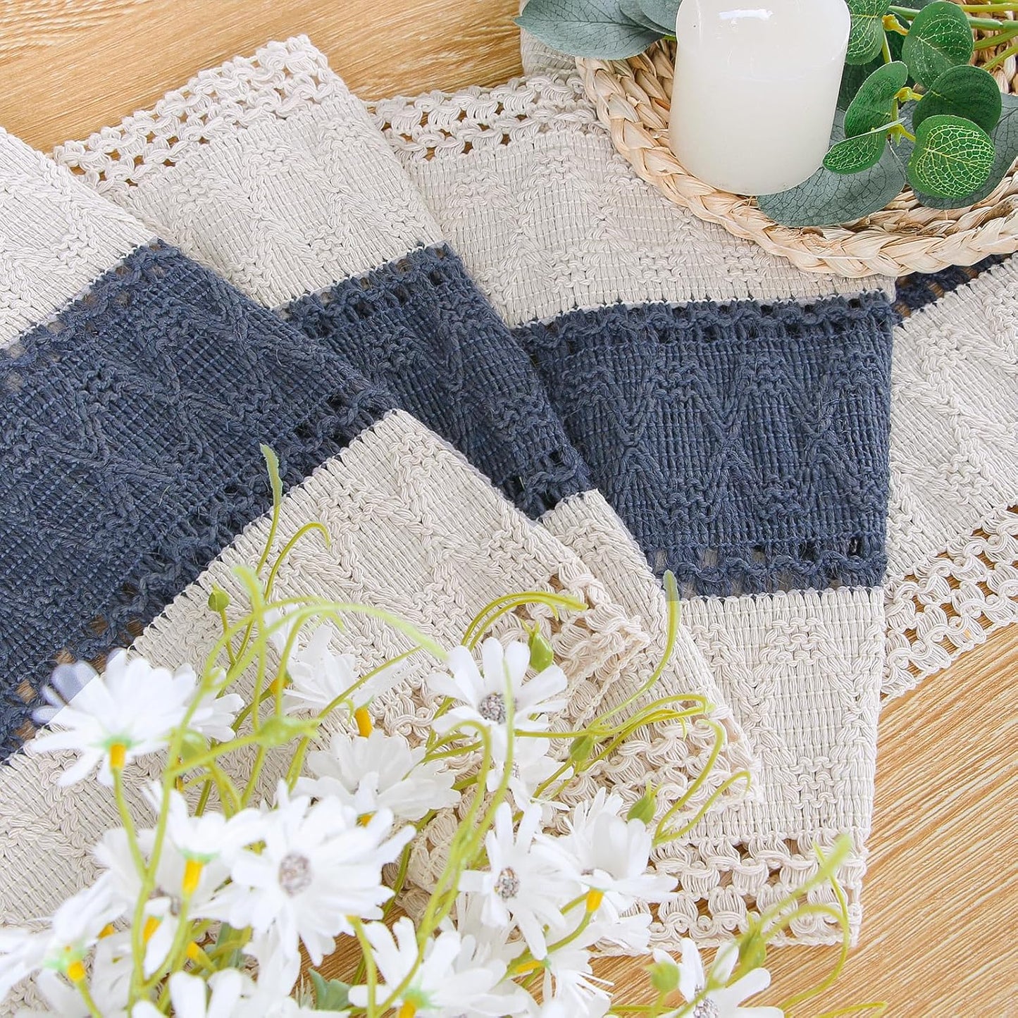 Camino mesa bohemio macramé 72pulg color azul