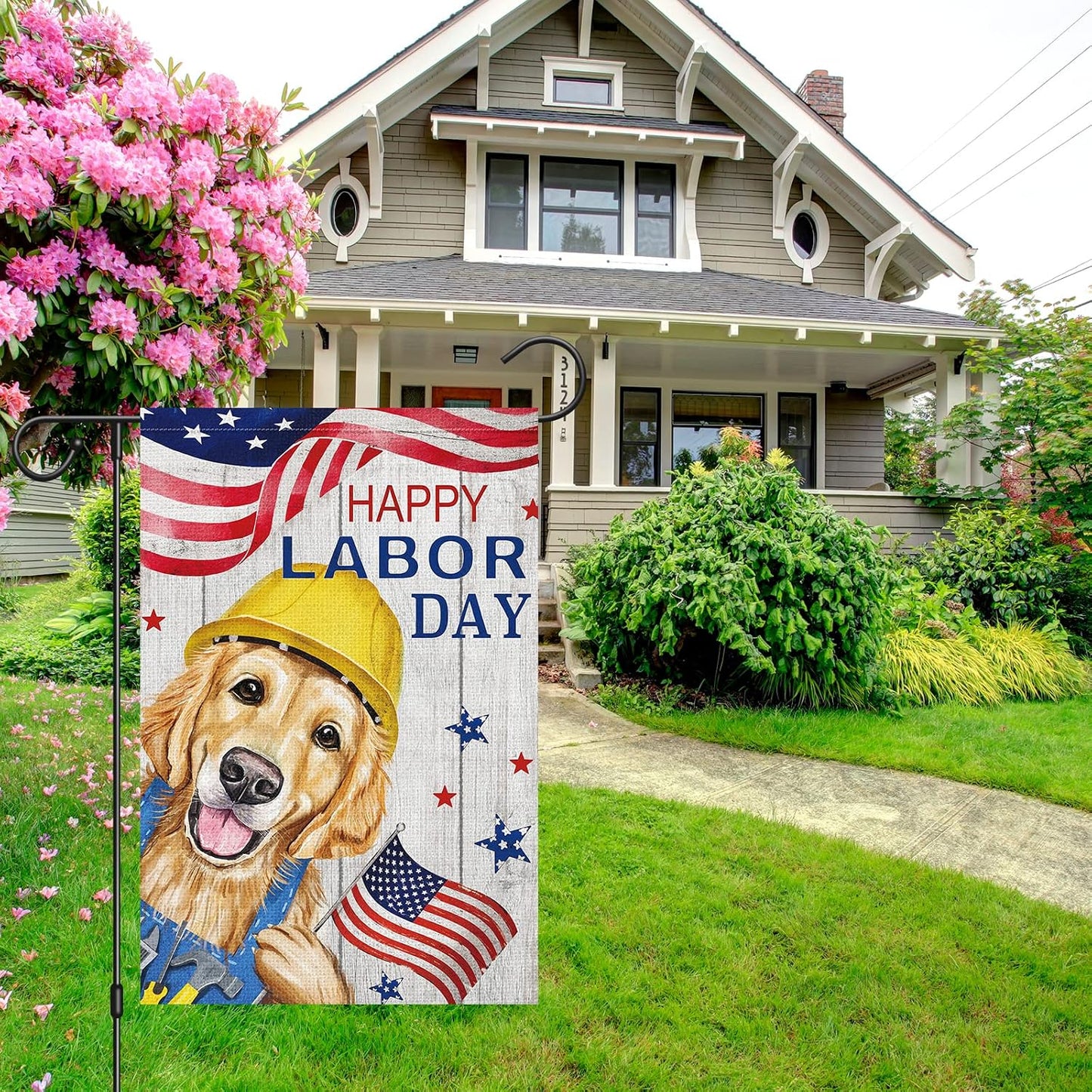 Bandera jardín doble cara Happy Labor Day Golden Retriever