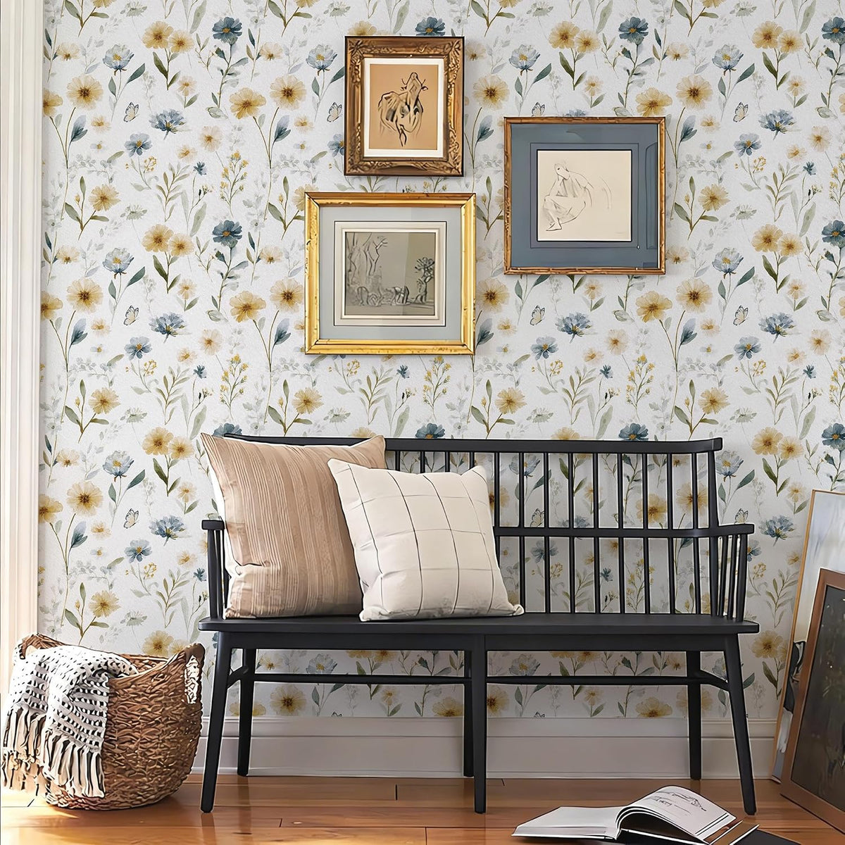 Papel tapiz floral bohemio 17.3pulg x6.56ft azul y blanco