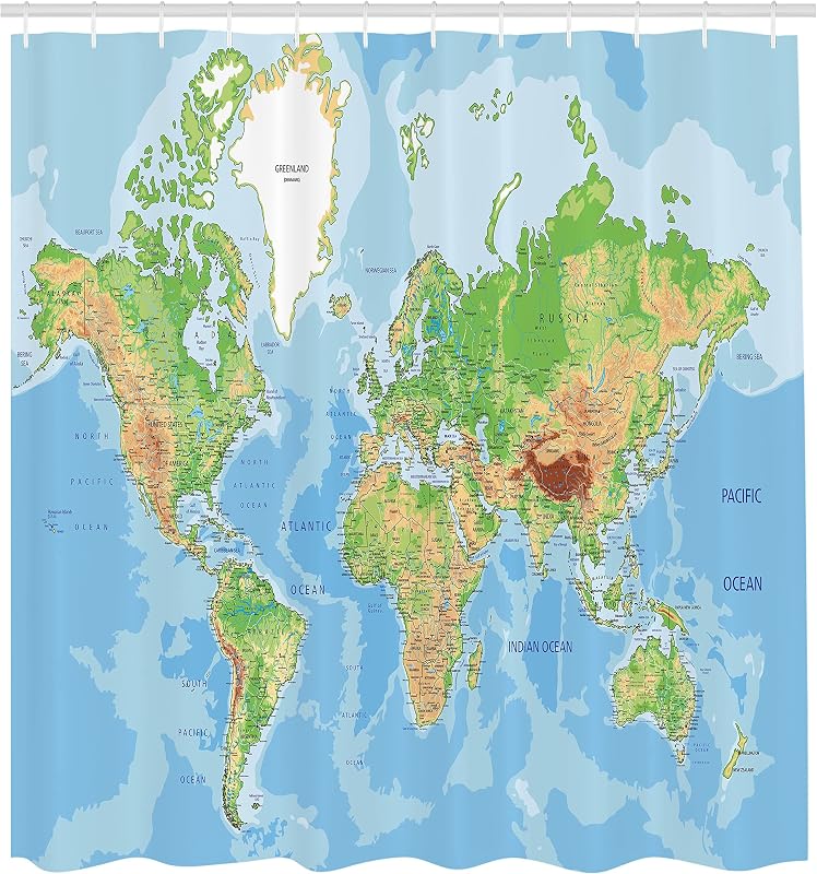 Cortina ducha mapa mundo 69x70pulg con ganchos