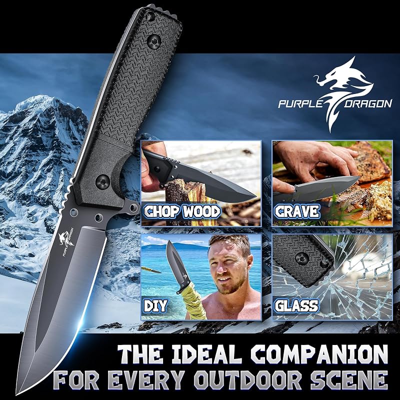 Cuchillo fijo negro con funda Kydex ergonómica para hombres