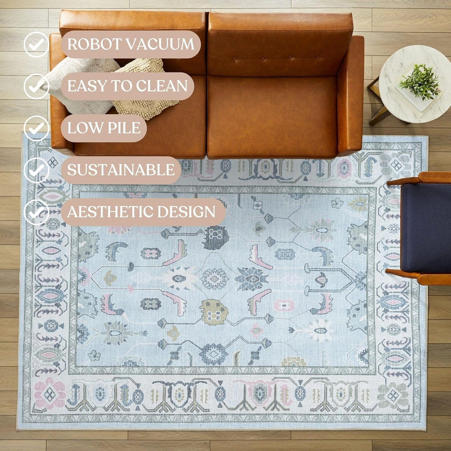 Alfombra Oushak azul crema sala comedor dormitorio 7'5x9'8