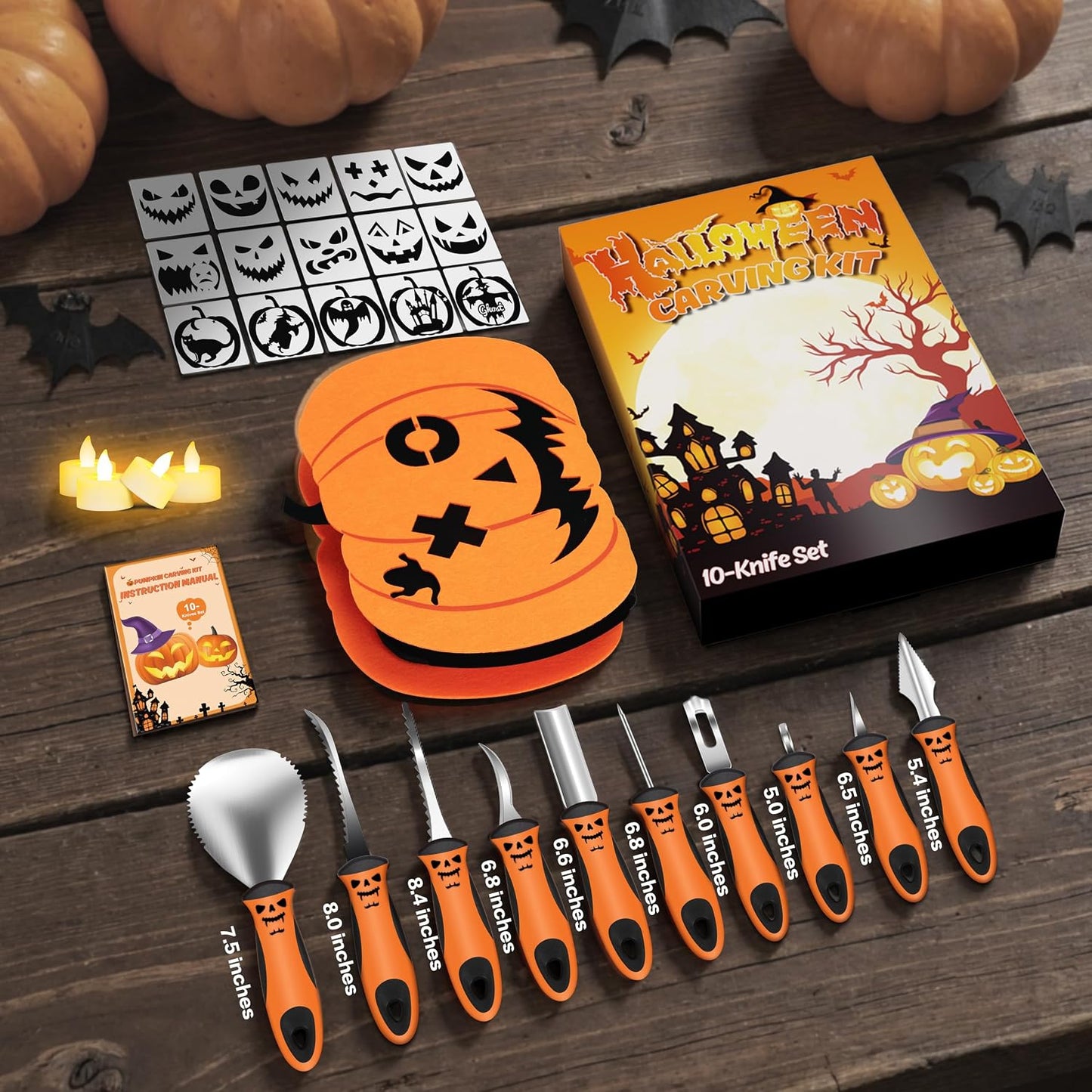 Kit tallado calabaza 10 pzas con plantillas reutilizables
