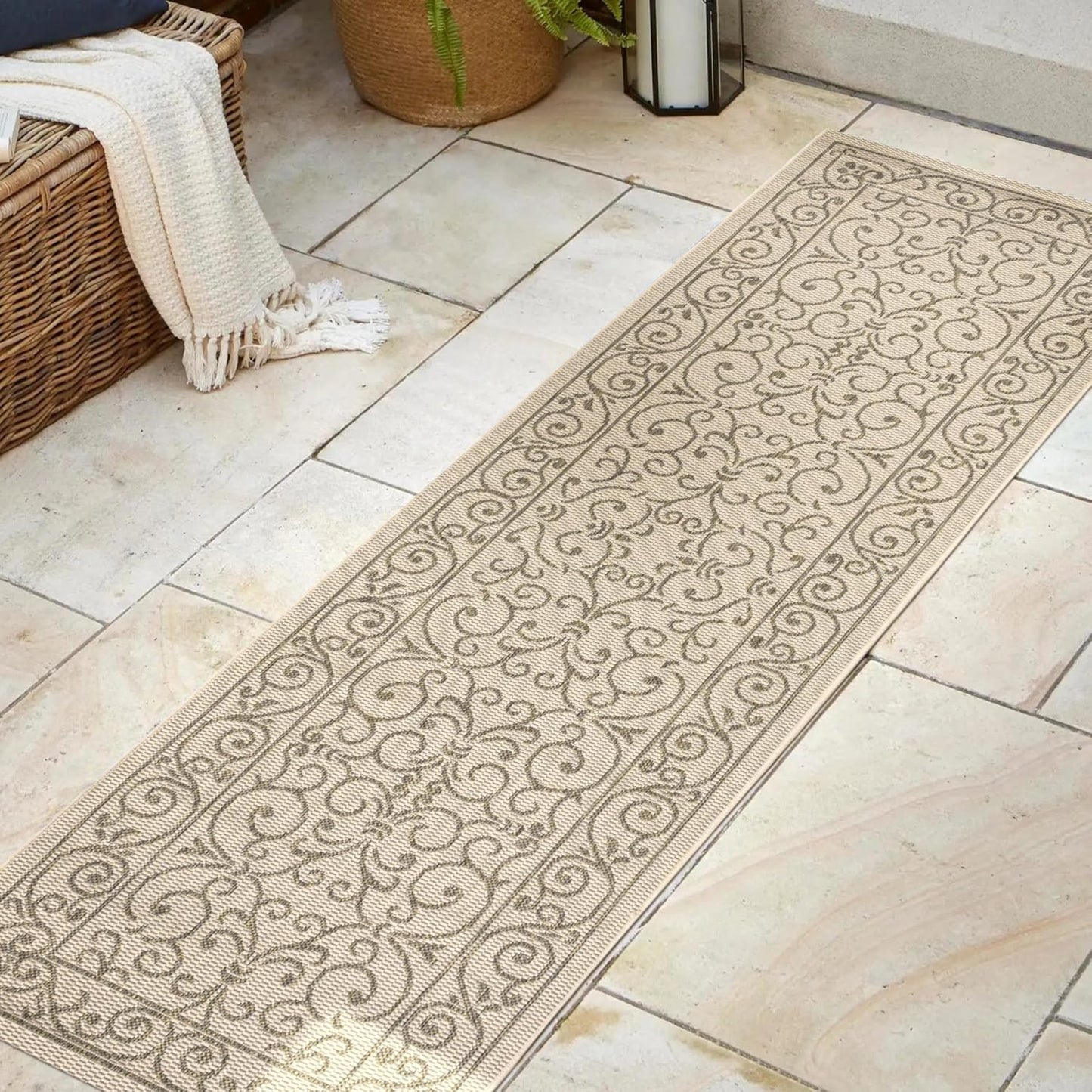 Alfombra pasillo vintage filigrana 2x8ft beige/marrón
