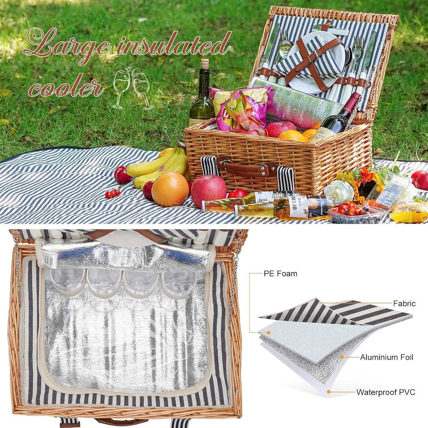 Set 4 cestas mimbre con manta y cubiertos para picnic