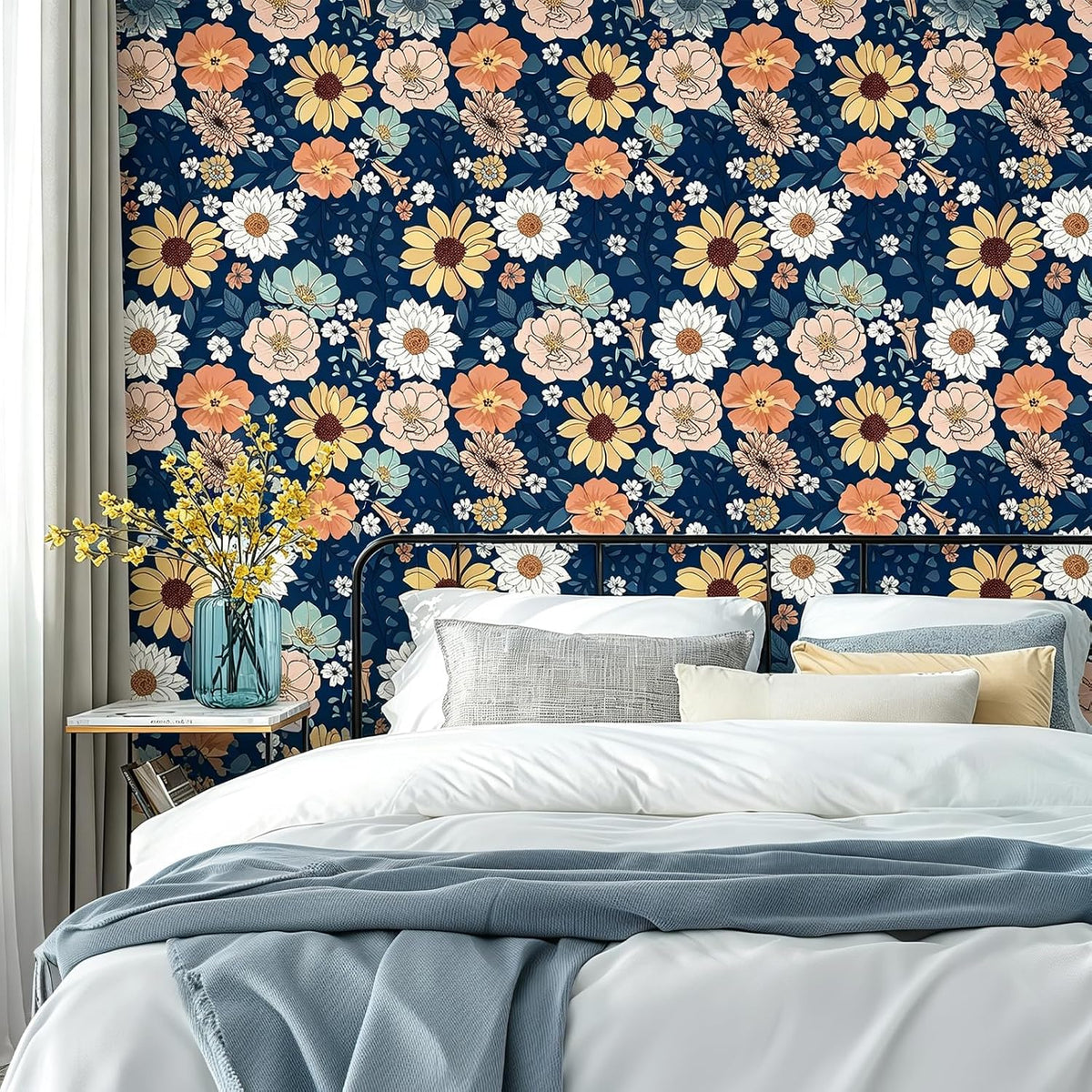 Papel tapiz bohemio autoadhesivo azul marino 17.7x118pulg