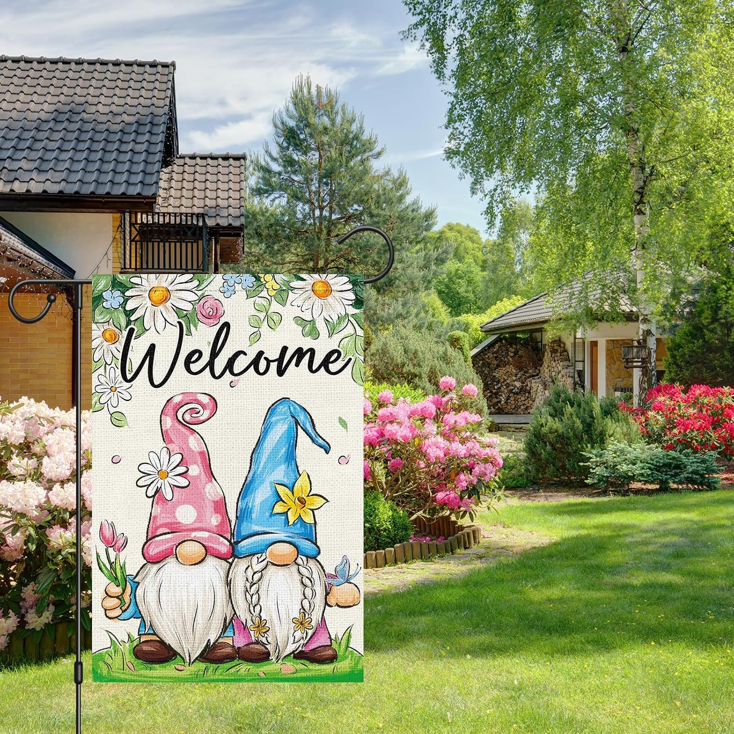 Bandera jardín gnomos 12x18pulg doble cara flores primavera verano