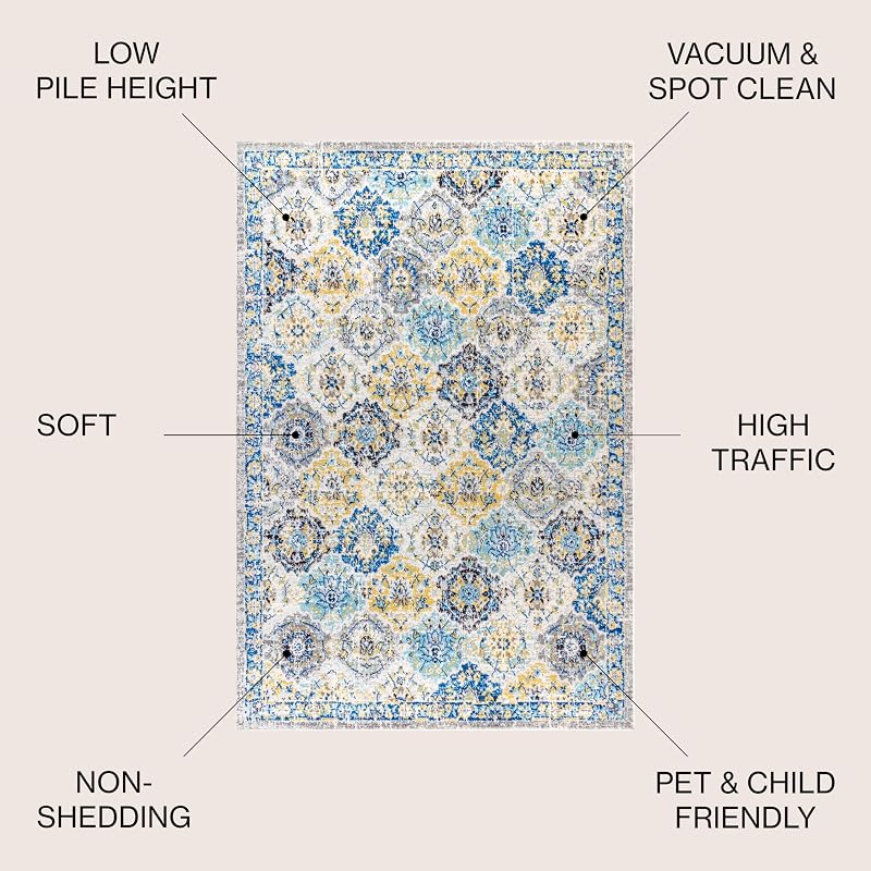 Alfombra bohemia vintage enrejada azul 8x10" sala dormitorio