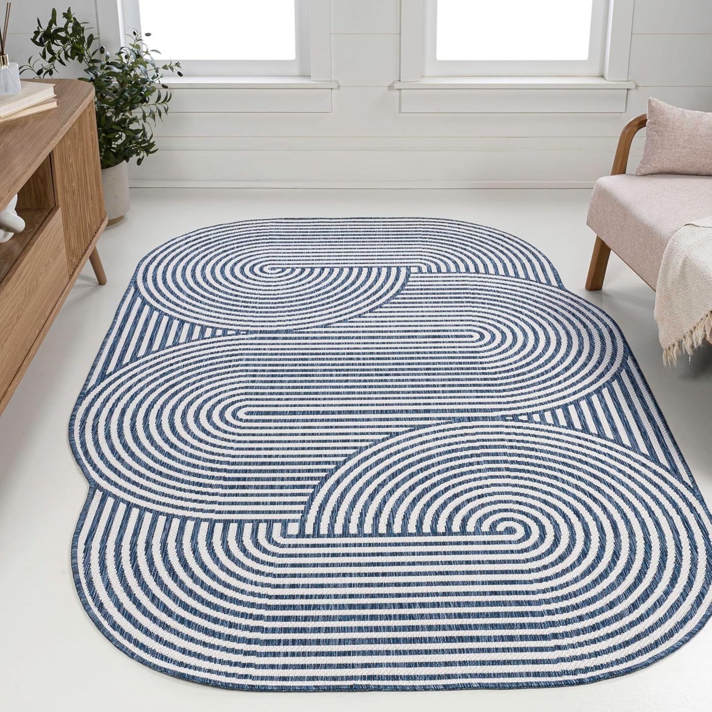 Alfombra geométrica rayas 5x8 crema/azul patio