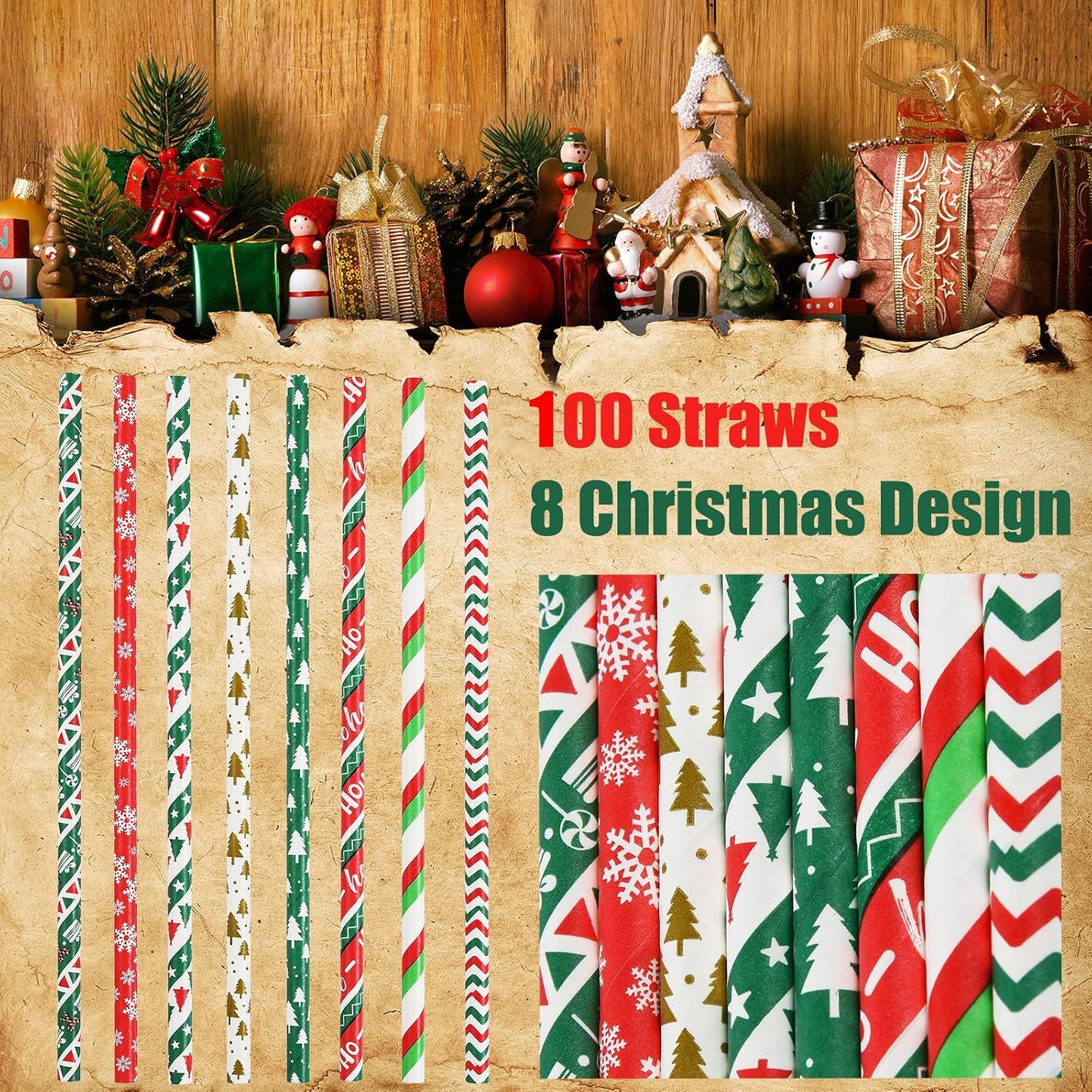 100 Pajitas Papel Navidad 8 Estilos Rojo Verde Blanco Dorado