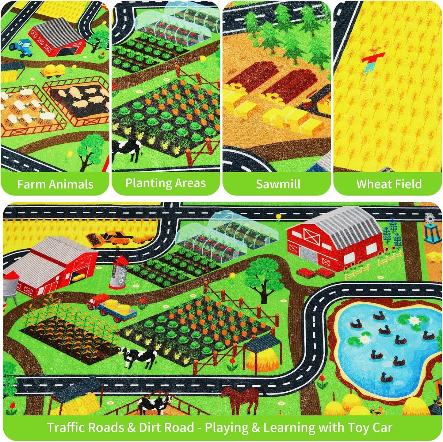 Tapete set niños 3x5ft antiderrap lavable con mapa aldea