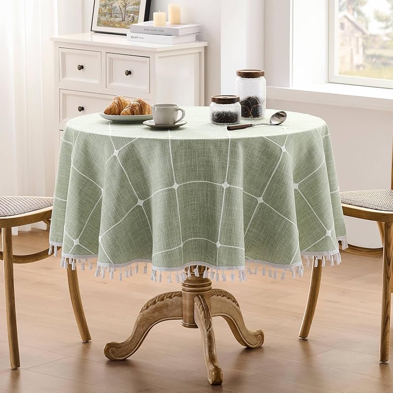 Mantel cuadros bohemio borlas verde 60pulg redondo