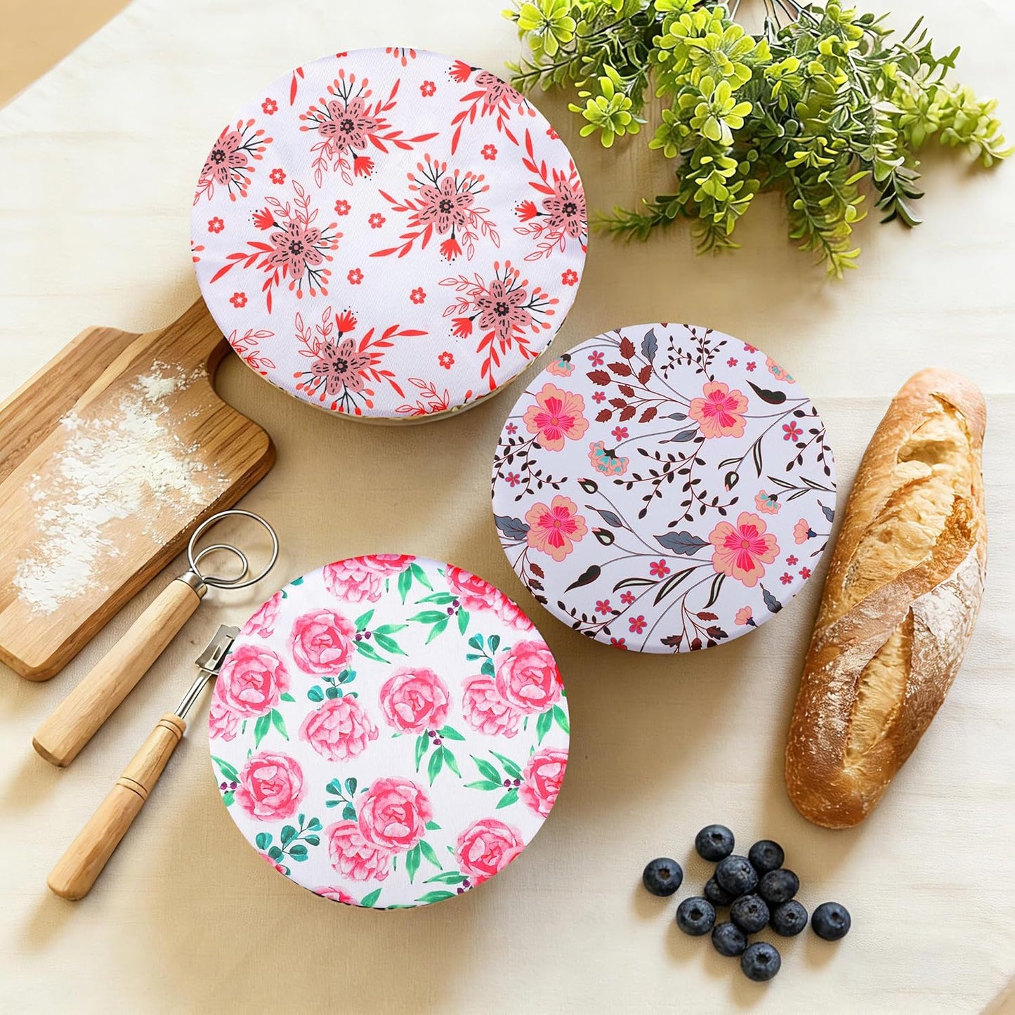 Cubiertas para tazón de pan set 5 tejido tela flores rojas