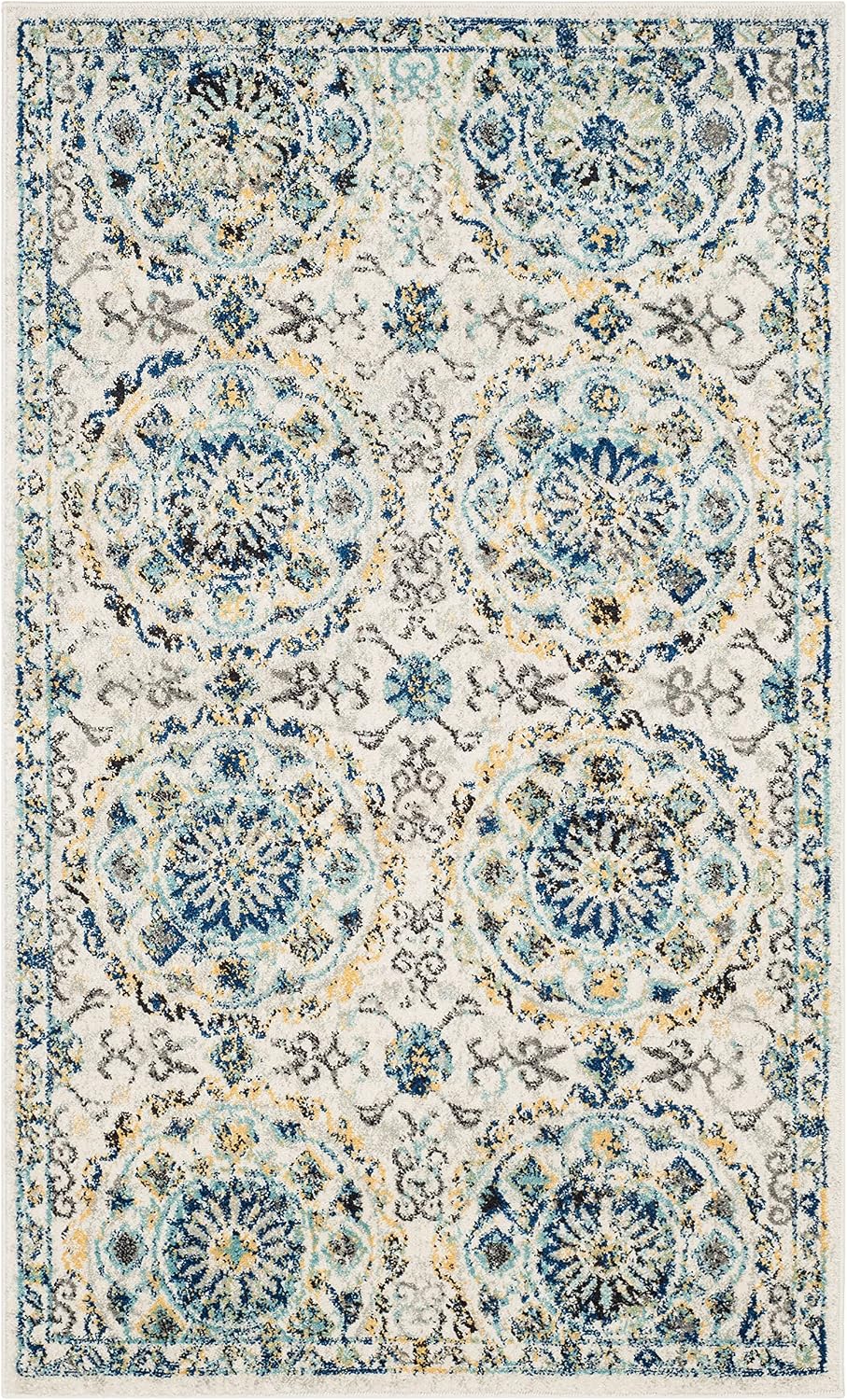 Alfombra decorativa 3x5ft diseño bohemio marfil y azul