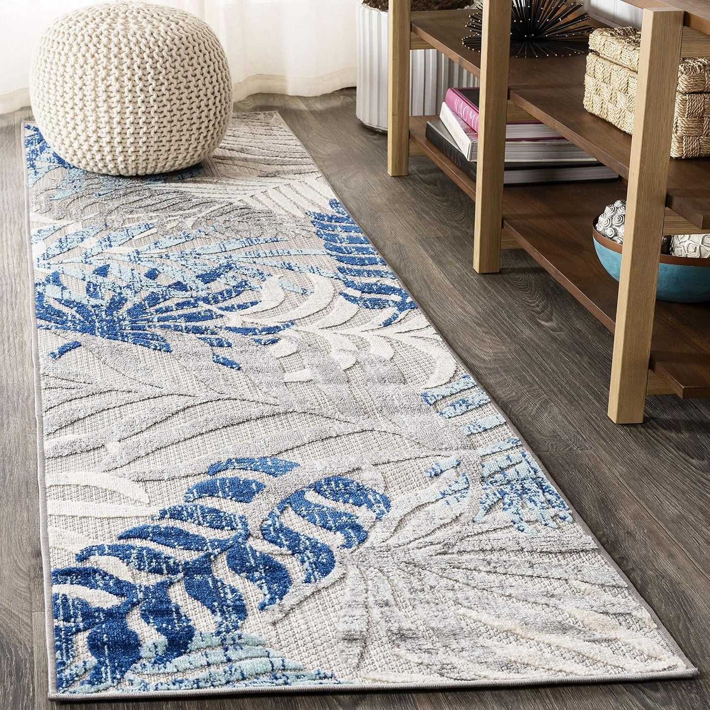 Alfombra 2x8ft diseño palmera bohemio gris/azul