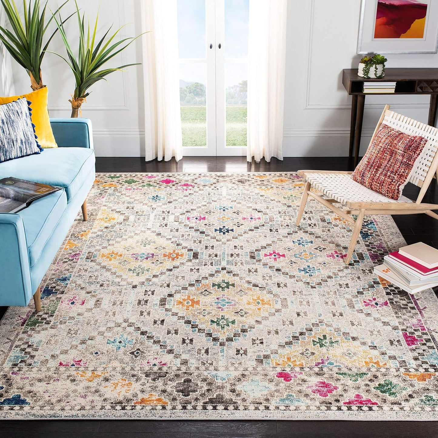 Alfombra 10x14ft gris amarillo diseño diamante boho