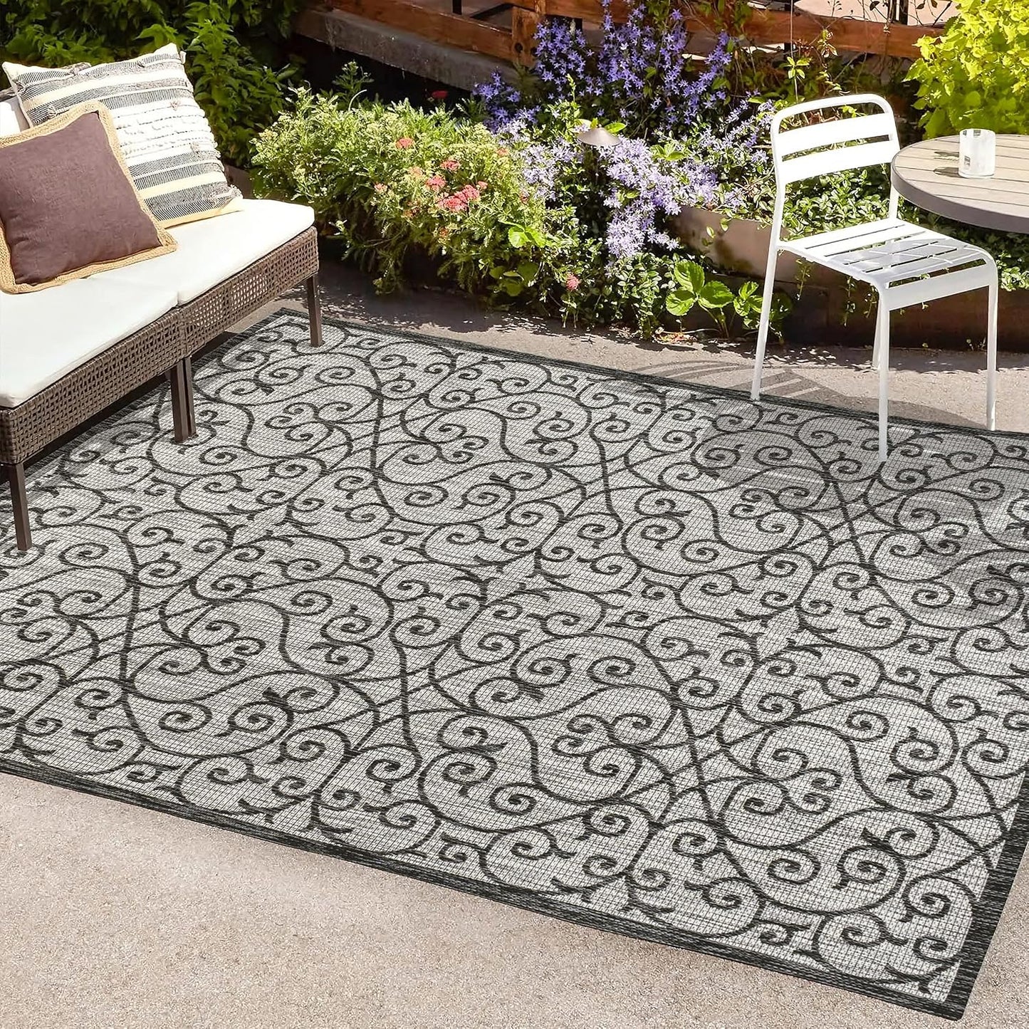 Alfombra vintage filigrana 5x8ft gris/negro texturizado