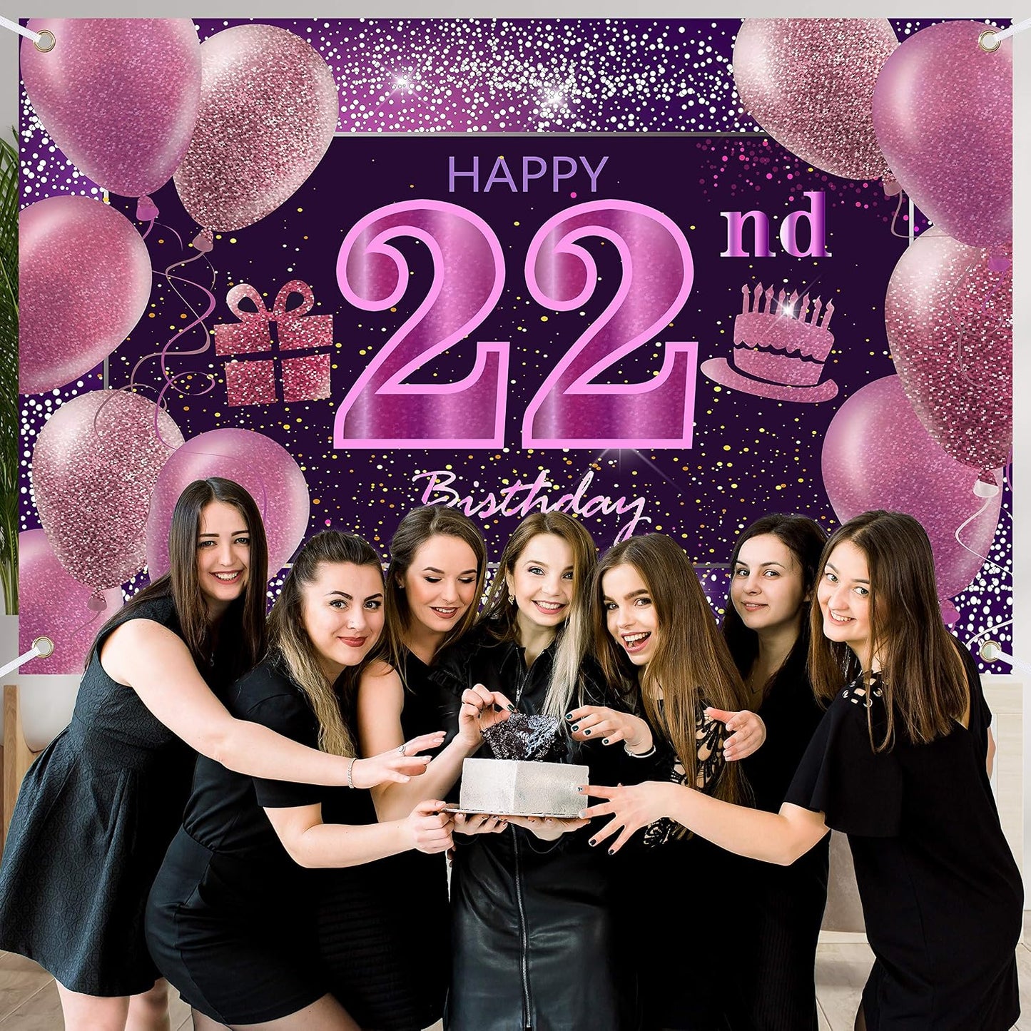 Pancarta feliz cumpleaños 22 para niña fiesta rosa