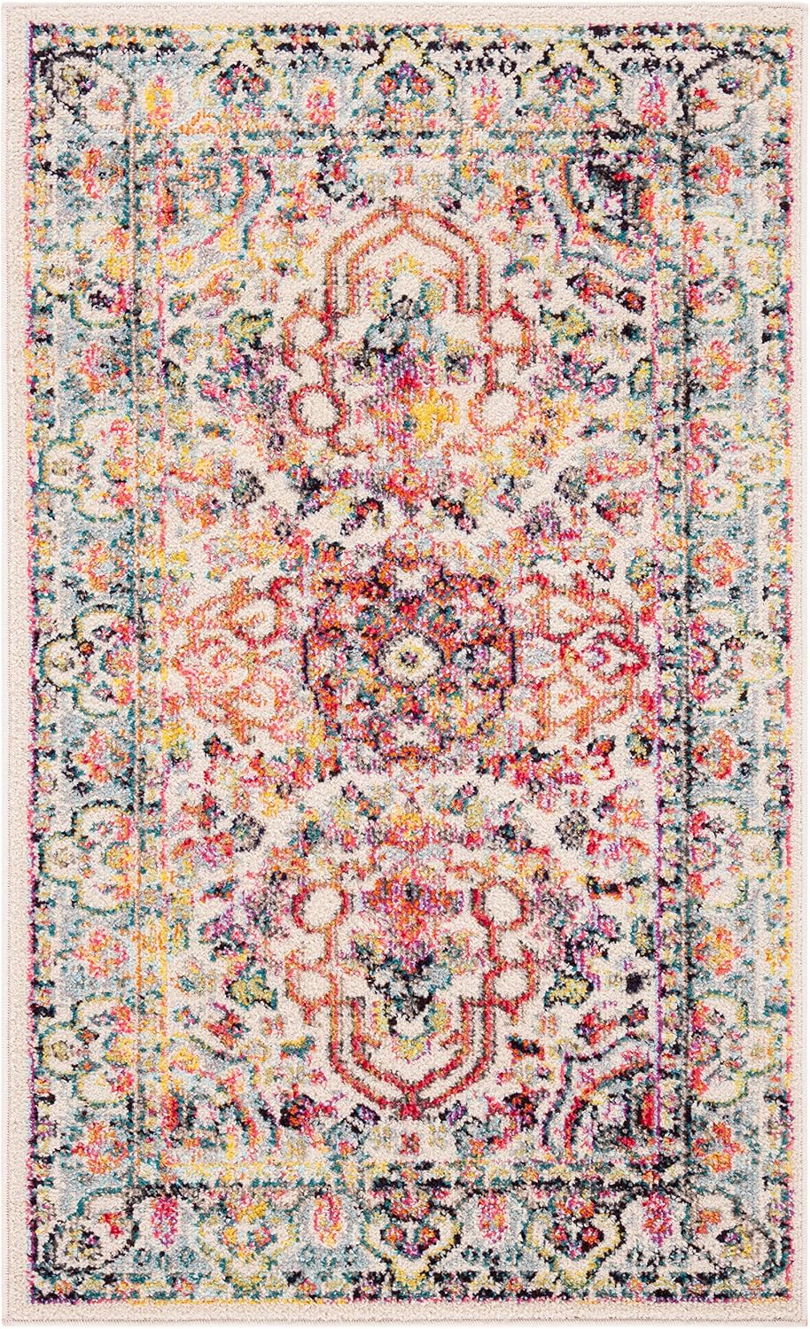 Alfombra decorativa 3x5ft diseño bohemio marfil y rojo