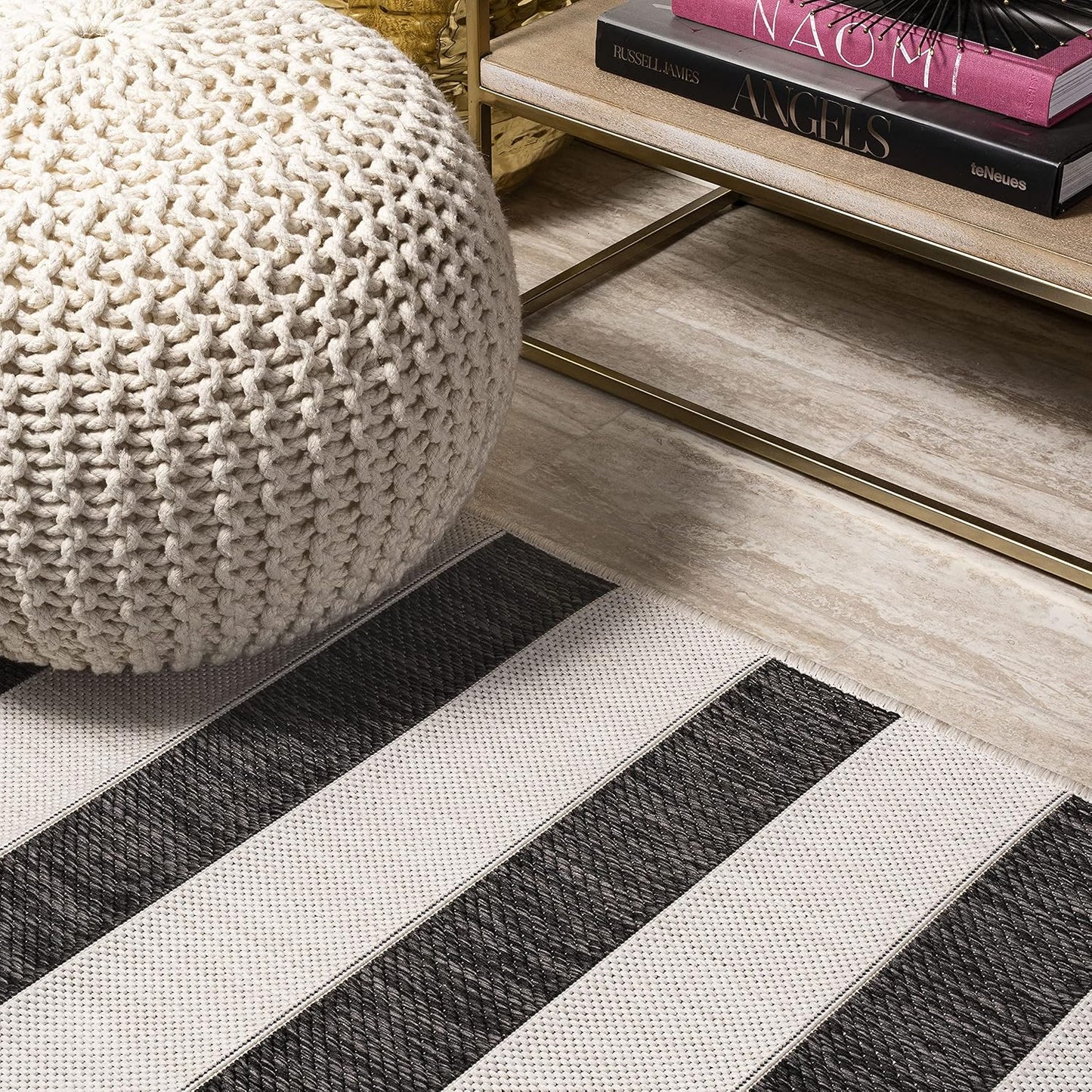 Tapete rayas anchas 2x10ft negro crema para patio exterior