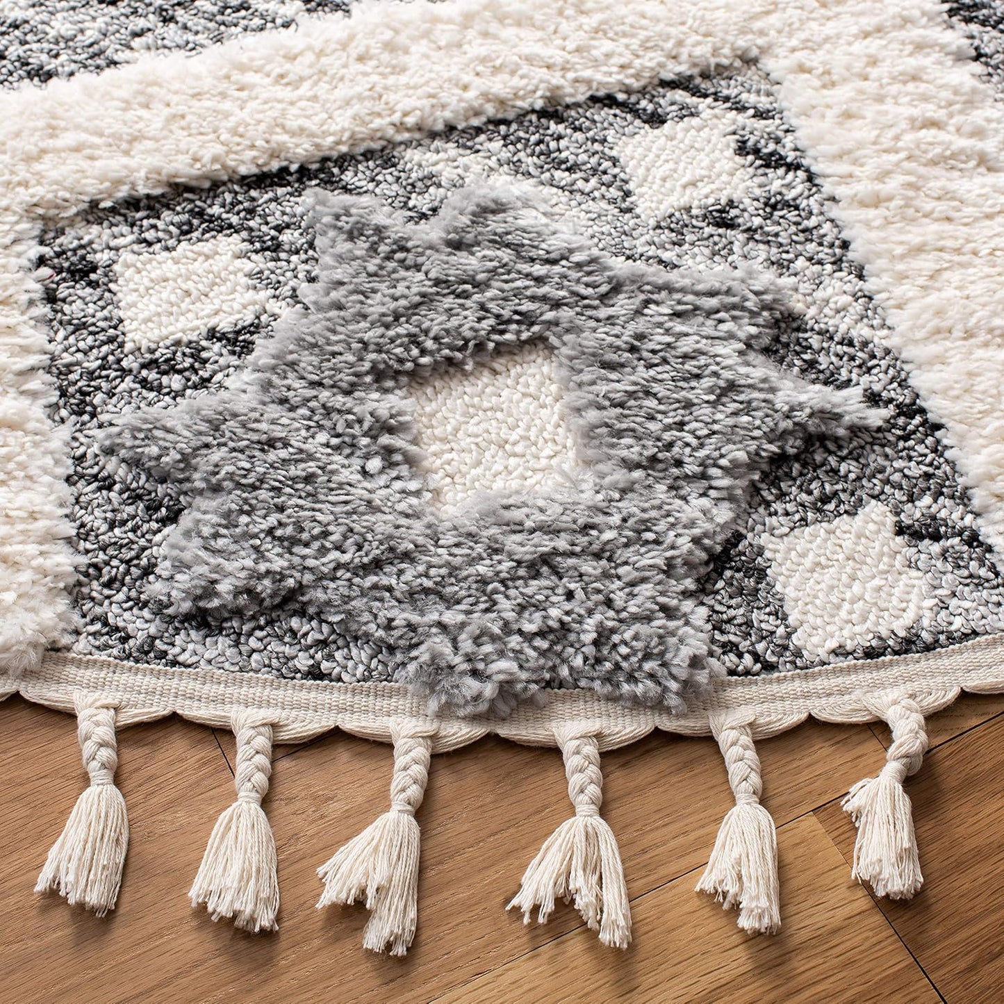 Alfombra borlas marroquí redonda gris marfil 2"