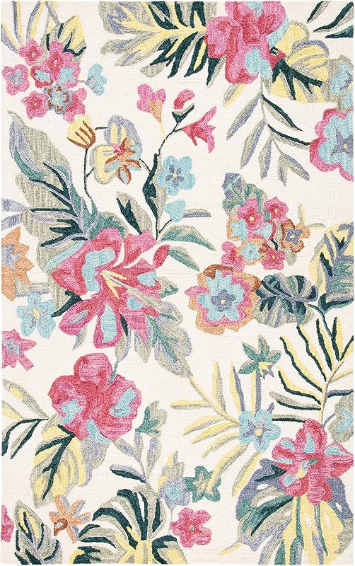 Alfombra sala dormitorio 5x8ft lana floral marfil rosa