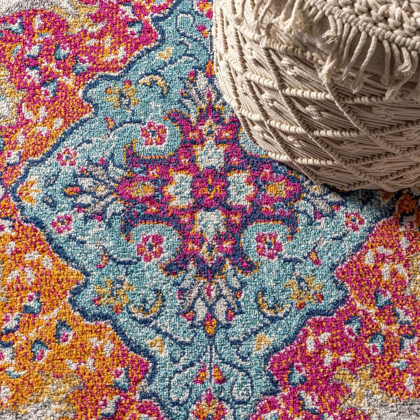 Alfombra redonda boho azul/multi para sala dormitorio