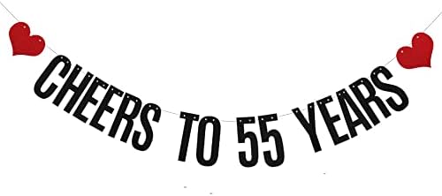 Pancarta purpurina negra texto 'cheers to 55 years'
