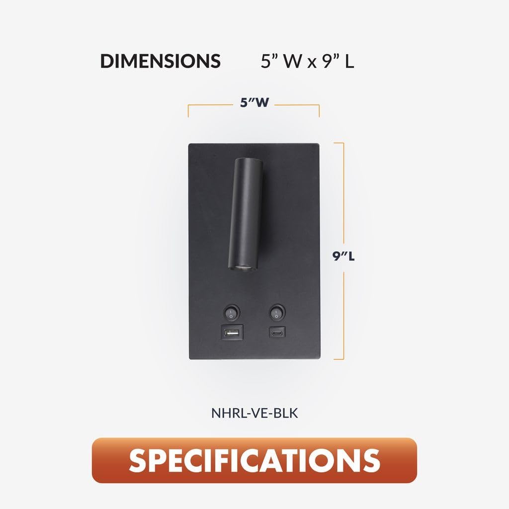 Luz de lectura Vera 5x9pulg negro mate con USB-A y USB-C
