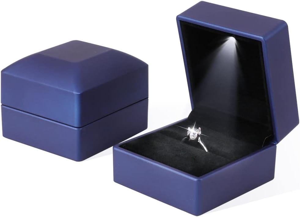 2 Cajas Anillo Azul con Luz LED para Boda y Compromiso