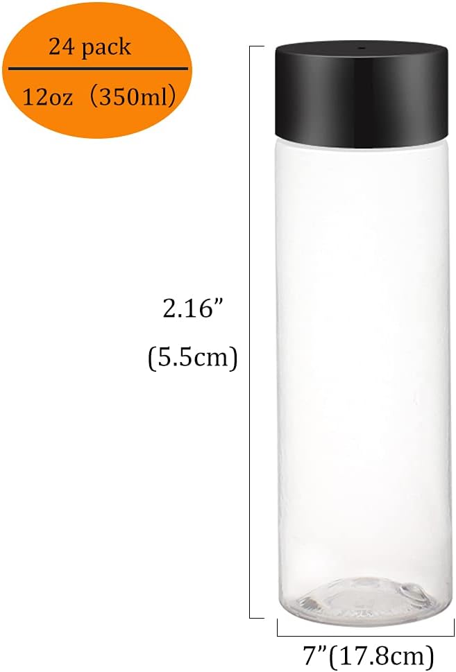 24 Botellas PET 12oz Transparentes con Tapas Reutilizables