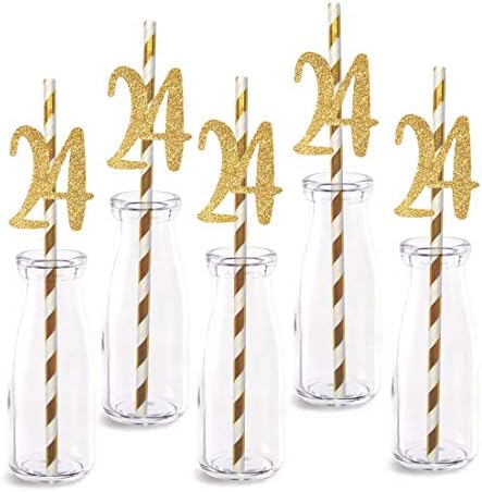 Pack 24 pajitas decorativas cumpleaños 24 años con purpurina