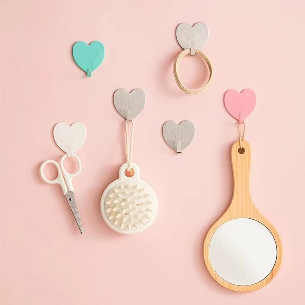 6 Ganchos Pared Corazón Acero Inox Adhesivo Rosa Claro