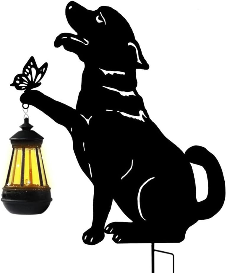 Estacas decoración jardín perro negro energía solar metal
