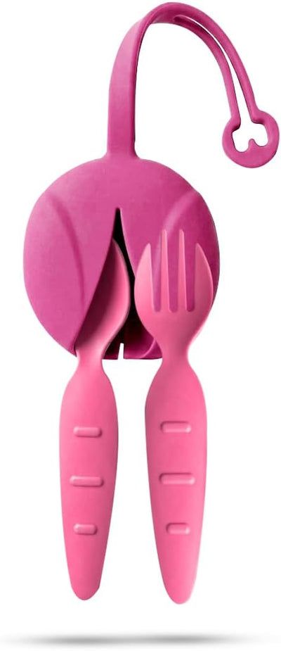 Utensilios niños cuchara tenedor sin BPA funda silicona rosa