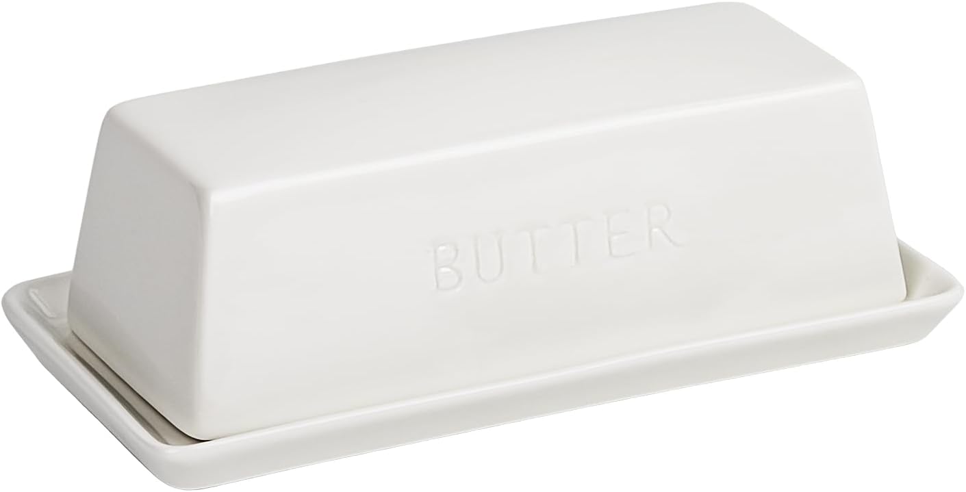 Mantequillera Cerámica Tapa Letras Relieve Blanco 7.5x3.7pulg