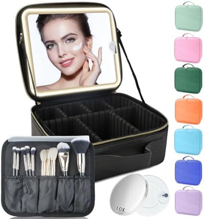 Bolsa maquillaje viaje con espejo led 3 colores negro