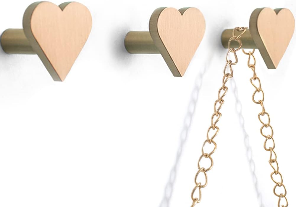 3 Ganchos Latón Pared Forma Corazón para Perchero Hogar