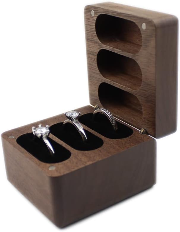 Caja anillos compromiso madera nogal 3 ranuras terciopelo