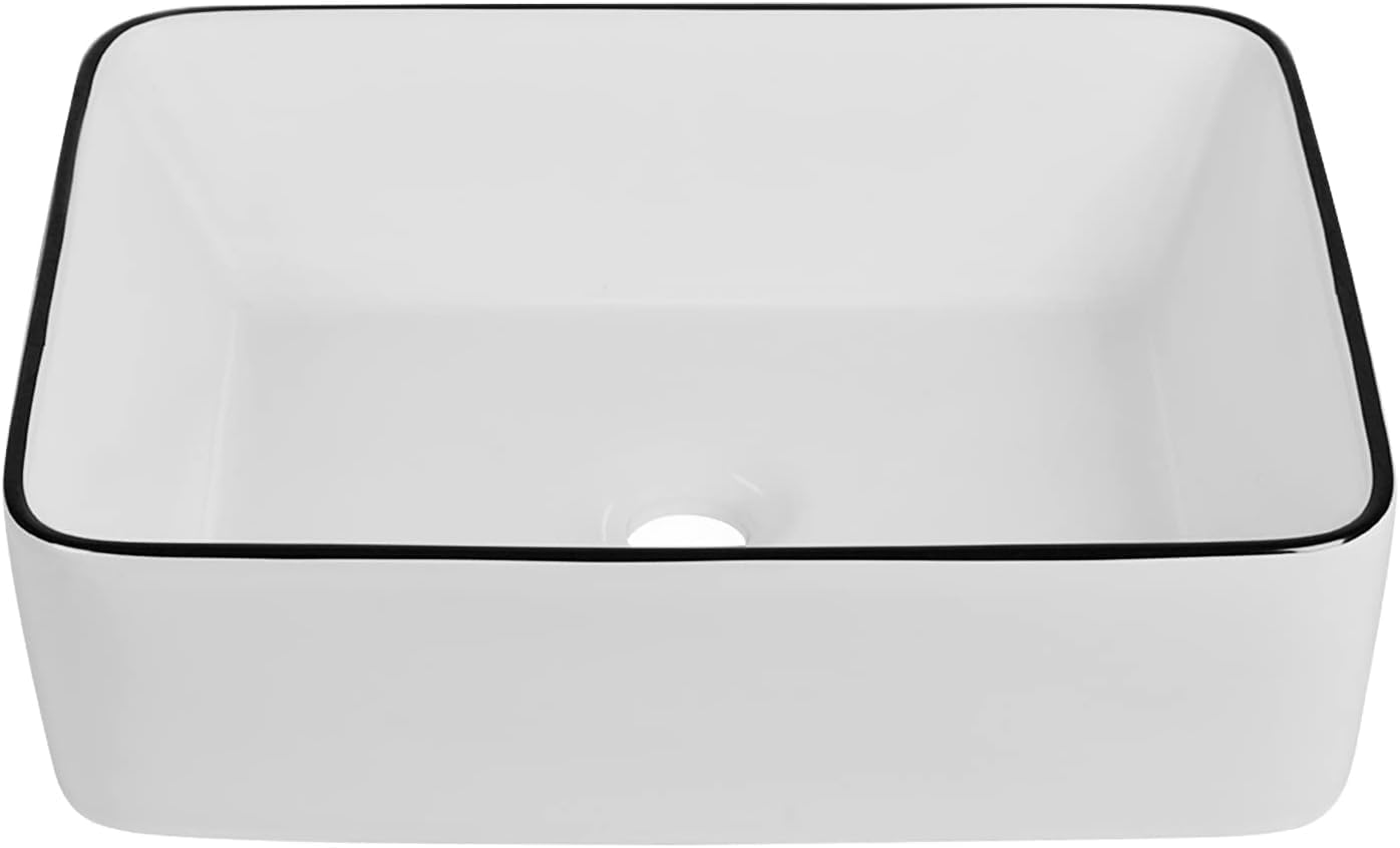 Lavabo Vessel Rectangular 19x15 Blano Borde Negro Cerámica