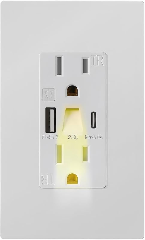 Toma corriente 15A con luz nocturna USB-A y USB C 5V/5A cert ETL