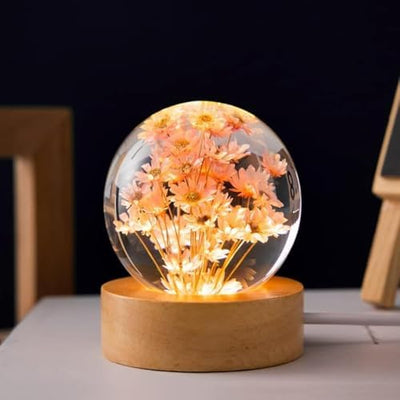 Luz nocturna bola vidrio flores 2.4pulg base madera