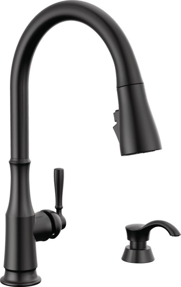 Grifo cocina Delta negro mate rociador dispensador jabón
