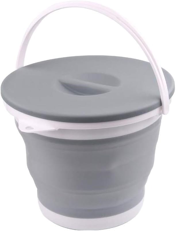 Cubo agua plegable con tapa bloqueo portátil RV camping gris